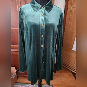 Green Velour Button Down Shirt with Notched Collar and Boxy Fit